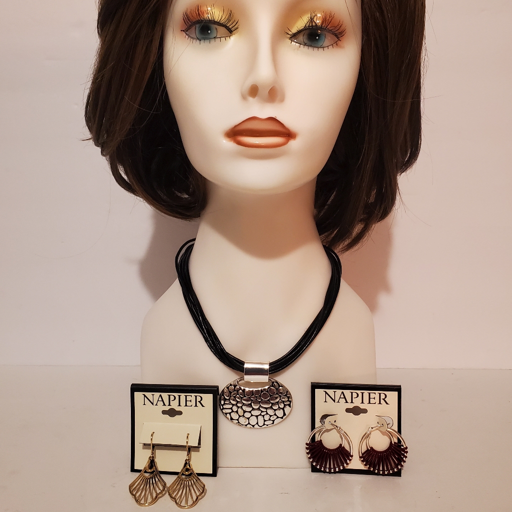Napier Costume Jewelry Lot Of 3 Necklace Hoop Earrings Dangle Earrings Nwt 20$